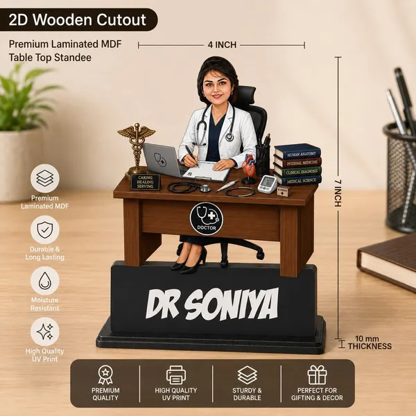 Personalized_2D_Doctor_Caricature_with_Name_|_Custom_Female_Doctor_Desk_Standee_|_Double_Layer_Laminated_MDF_with_Glossy_Finish_|_Medical_Gift_for_Men_&_Women