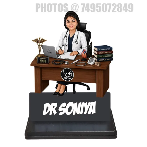 Personalized_2D_Doctor_Caricature_with_Name_|_Custom_Female_Doctor_Desk_Standee_|_Double_Layer_Laminated_MDF_with_Glossy_Finish_|_Medical_Gift_for_Men_&_Women
