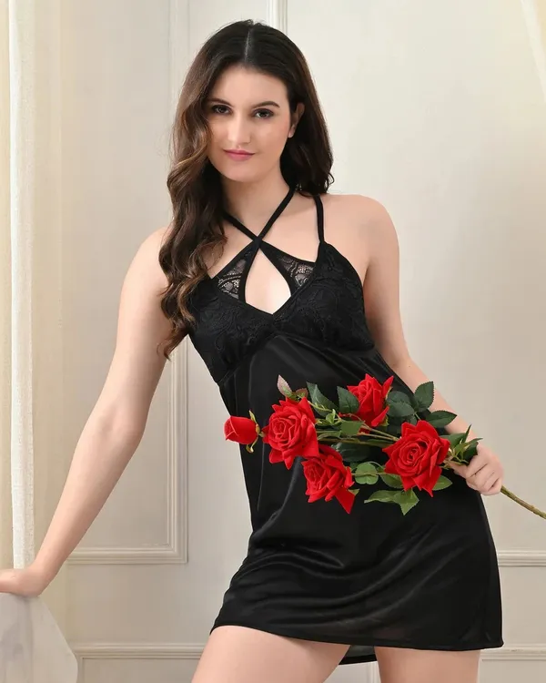 Black_Satin_Lycra_Cross_Back_Babydoll_Set