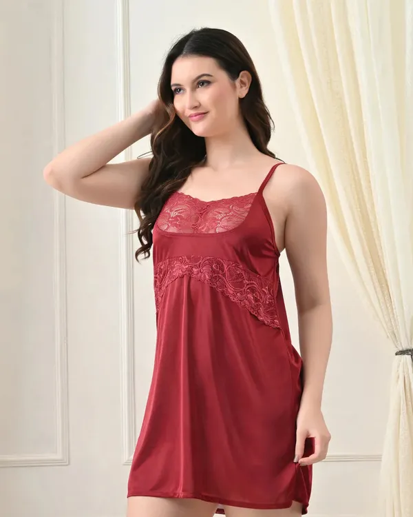 Maroon_Satin_Lycra_Babydoll_Set_Style_Ii