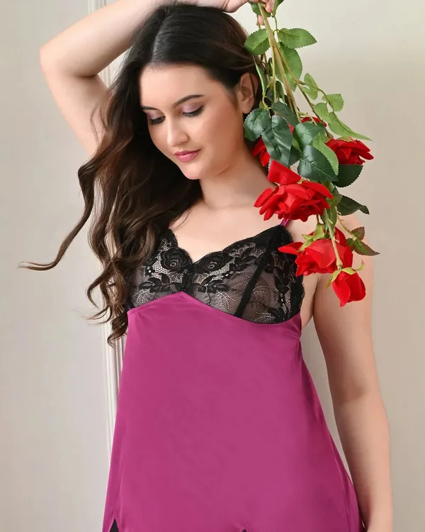 Wine_Satin_Lycra_Babydoll_Set_With_Adjustable_Straps