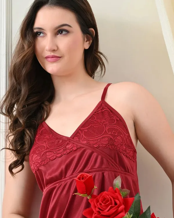Maroon_Satin_Lycra_Babydoll_Set_With_Adjustable_Straps