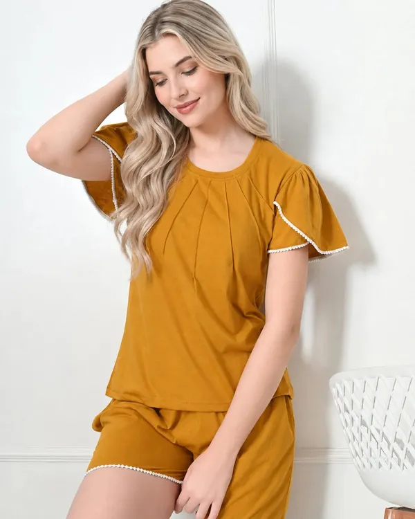 Mustard_Knit_Flutter_Sleeve_Top_Shorts_Set_With_Lace_Trim