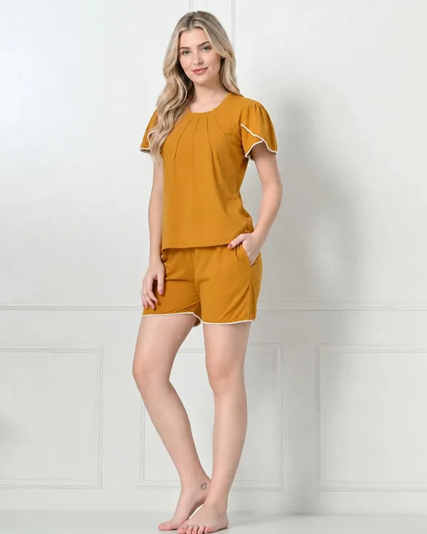 Mustard_Knit_Flutter_Sleeve_Top_Shorts_Set_With_Lace_Trim
