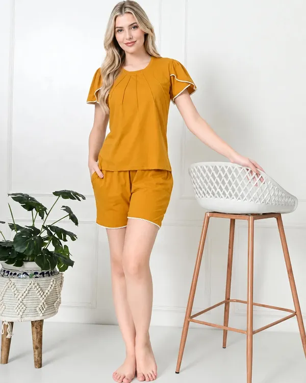 Mustard_Knit_Flutter_Sleeve_Top_Shorts_Set_With_Lace_Trim
