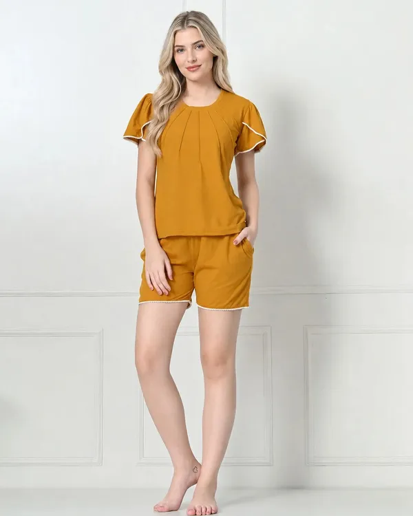Mustard_Knit_Flutter_Sleeve_Top_Shorts_Set_With_Lace_Trim
