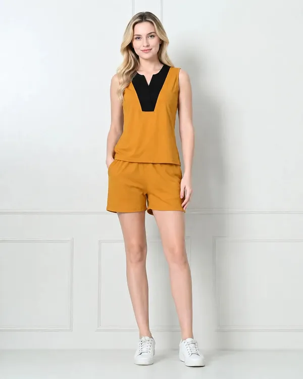 Mustard_Knit_Sleeveless_Top_Shorts_Set_With_Contrast_V_Panel