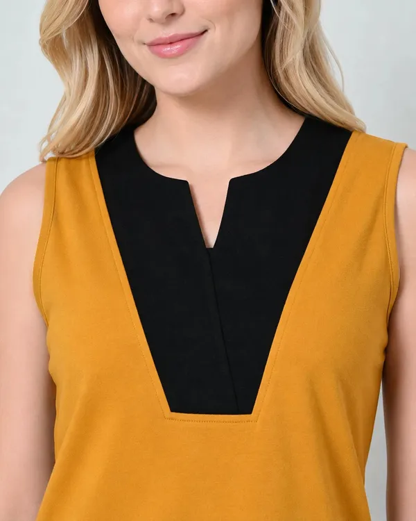 Mustard_Knit_Sleeveless_Top_Shorts_Set_With_Contrast_V_Panel