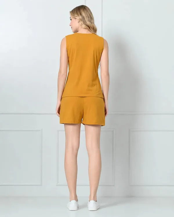 Mustard_Knit_Sleeveless_Top_Shorts_Set_With_Contrast_V_Panel