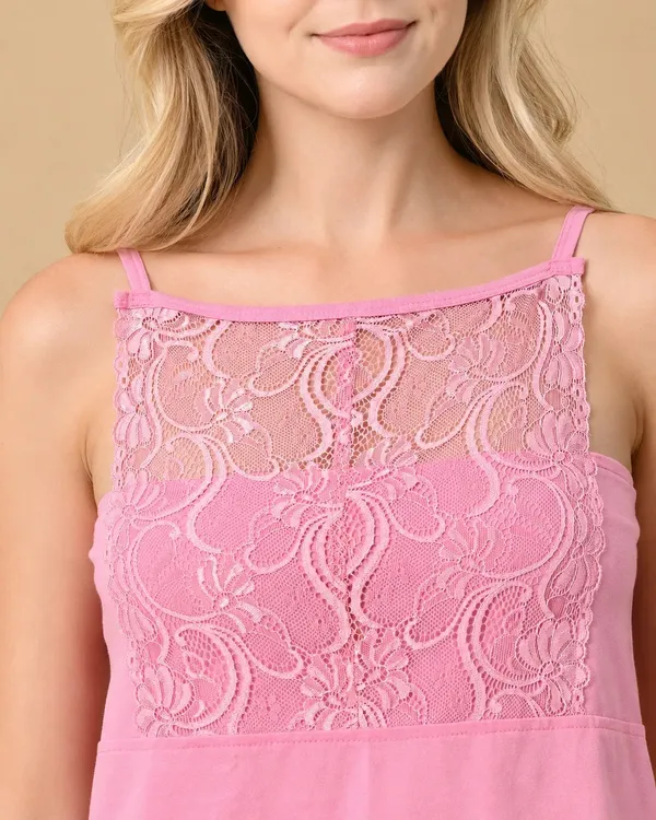 Pink_Knit_Spaghetti_Strap_Cami_Shorts_Set_With_Lace_Yoke_Panel