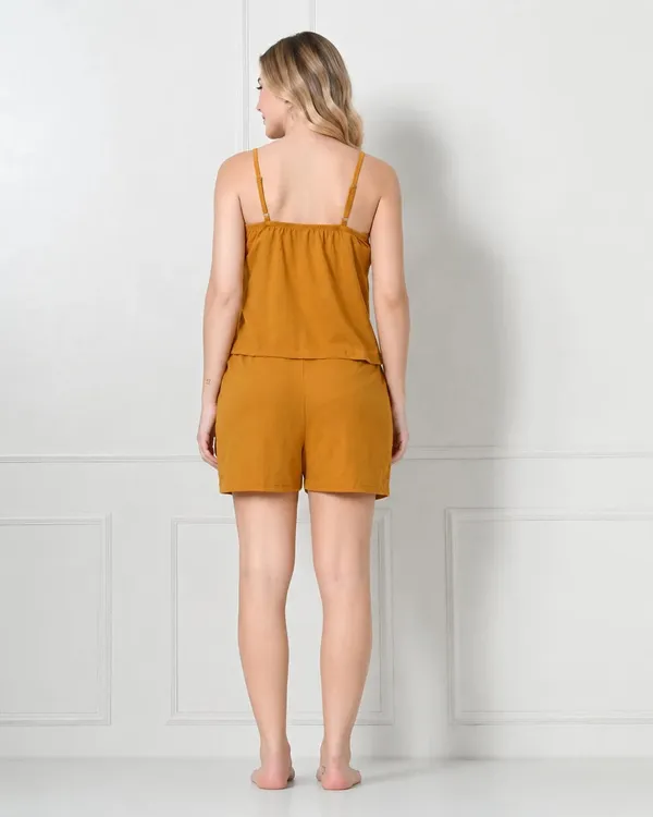 Mustard_Knit_Spaghetti_Strap_Cami_Shorts_Set_With_Lace_Yoke_Panel