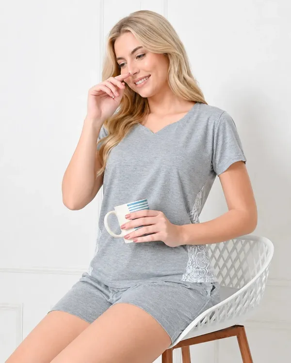 Gray_Knit_Cap_Sleeve_Top_Shorts_Set_With_Side_Lace_Panel