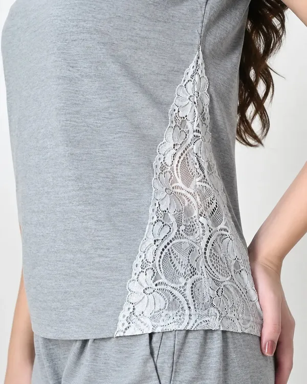 Gray_Knit_Cap_Sleeve_Top_Shorts_Set_With_Side_Lace_Panel
