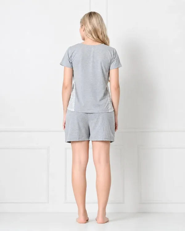 Gray_Knit_Cap_Sleeve_Top_Shorts_Set_With_Side_Lace_Panel