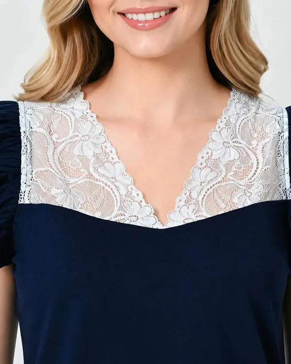 Navy_Blue_Knit_Ruffle_Sleeve_Top_Shorts_Set_With_Lace_V_Neckline