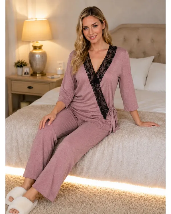 Dusky_Pink_Knit_Wrap_Style_Pyjama_Set_With_Lace_Panel
