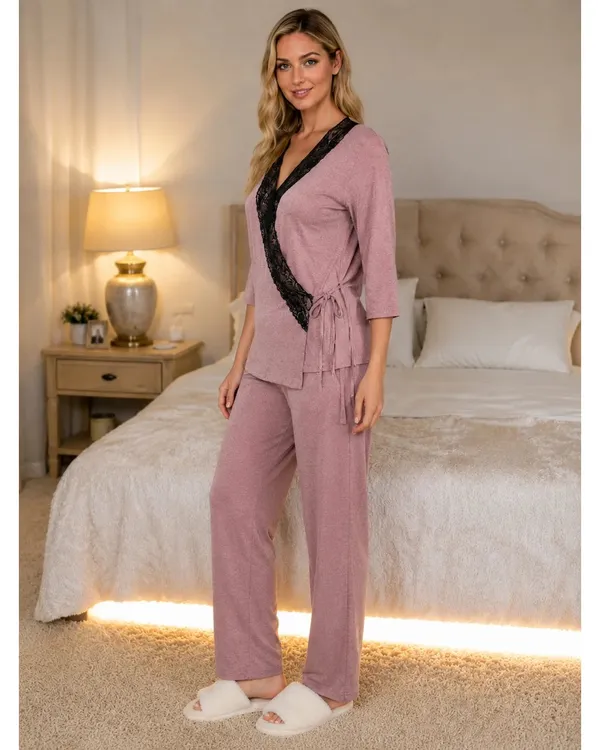 Dusky_Pink_Knit_Wrap_Style_Pyjama_Set_With_Lace_Panel