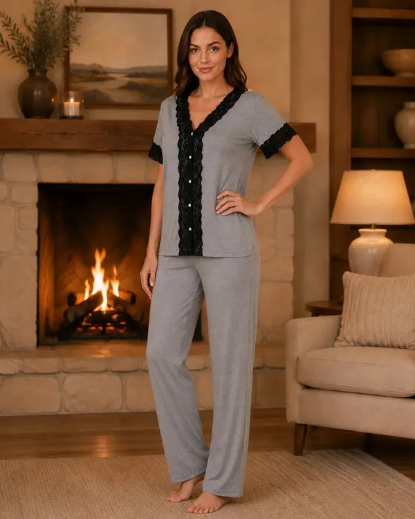 Grey_Knit_Button_Down_Pyjama_Set_With_Black_Lace_Trim