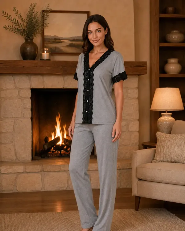 Grey_Knit_Button_Down_Pyjama_Set_With_Black_Lace_Trim