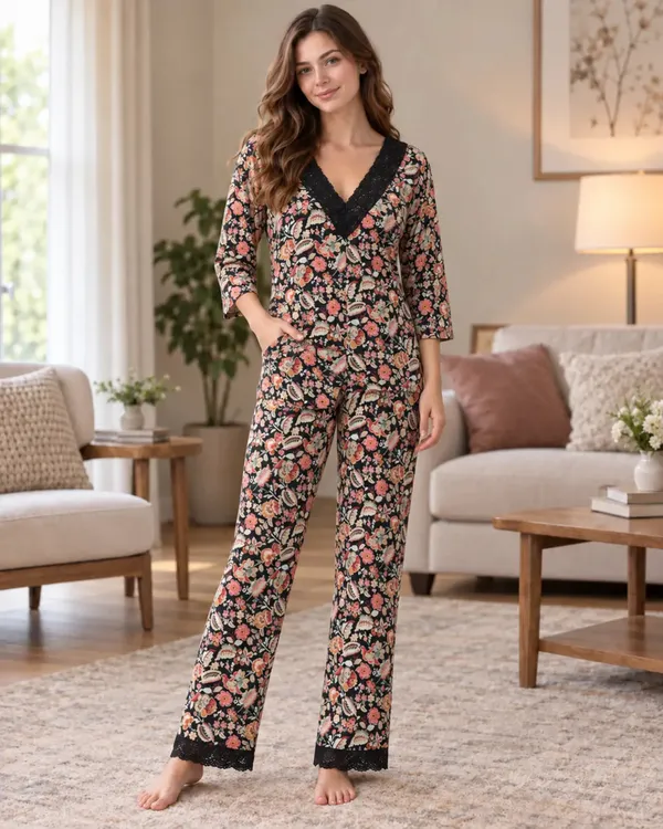 Black_Floral_Wrap_Style_Pyjama_Set_With_Lace_Trim