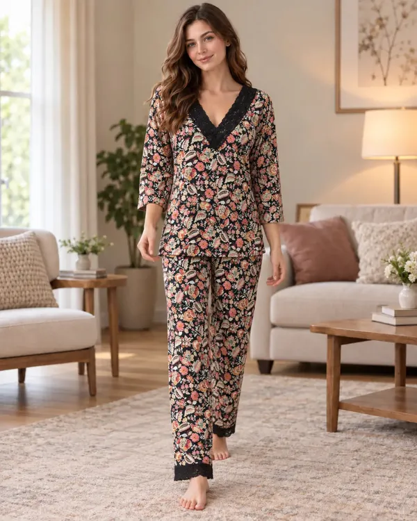 Black_Floral_Wrap_Style_Pyjama_Set_With_Lace_Trim