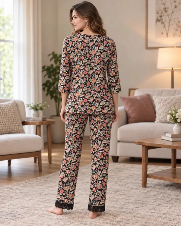 Black_Floral_Wrap_Style_Pyjama_Set_With_Lace_Trim