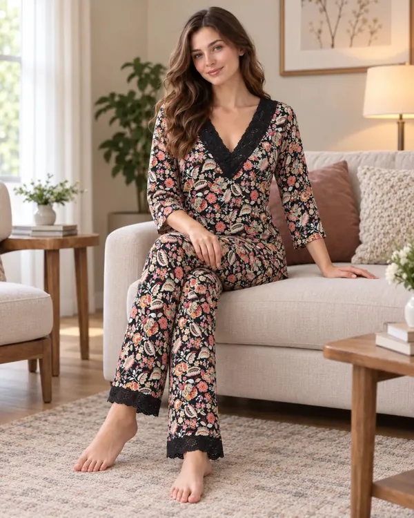 Black_Floral_Wrap_Style_Pyjama_Set_With_Lace_Trim