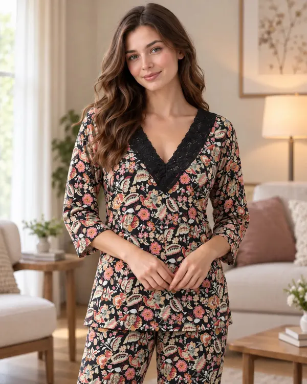 Black_Floral_Wrap_Style_Pyjama_Set_With_Lace_Trim