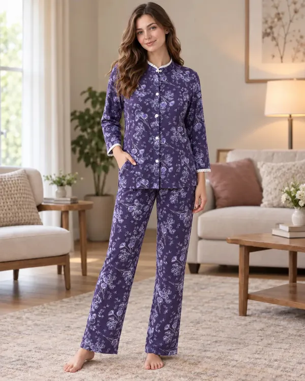 Purple_Floral_Mandarin_Collar_Pyjama_Set_With_Lace_Trim
