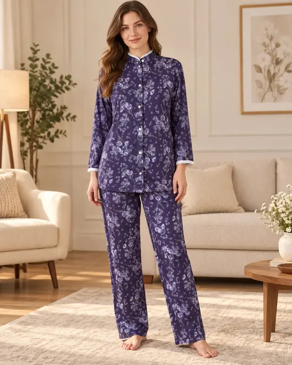 Purple_Floral_Mandarin_Collar_Pyjama_Set_With_Lace_Trim