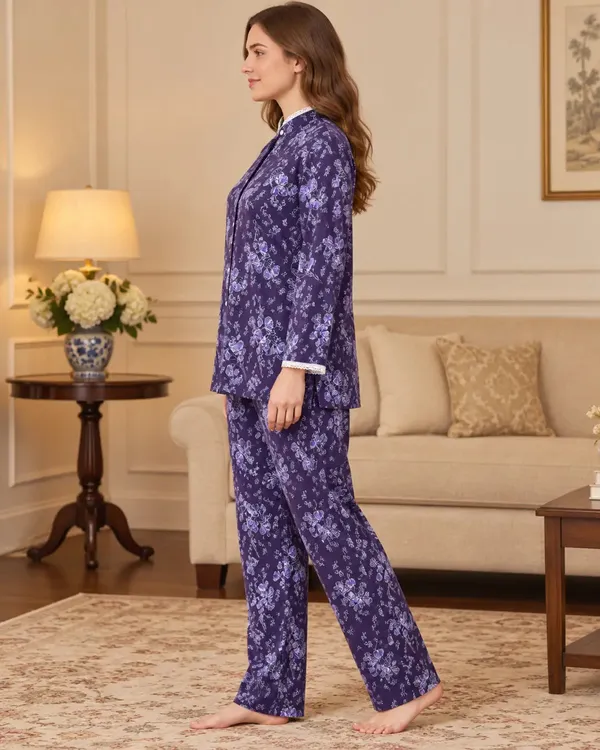 Purple_Floral_Mandarin_Collar_Pyjama_Set_With_Lace_Trim