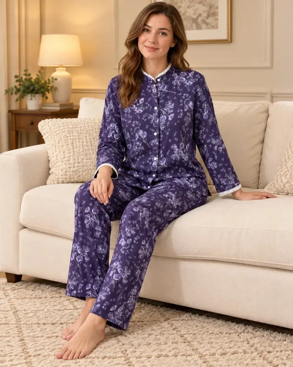 Purple_Floral_Mandarin_Collar_Pyjama_Set_With_Lace_Trim