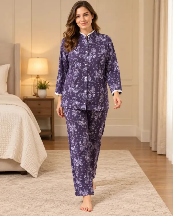 Purple_Floral_Mandarin_Collar_Pyjama_Set_With_Lace_Trim