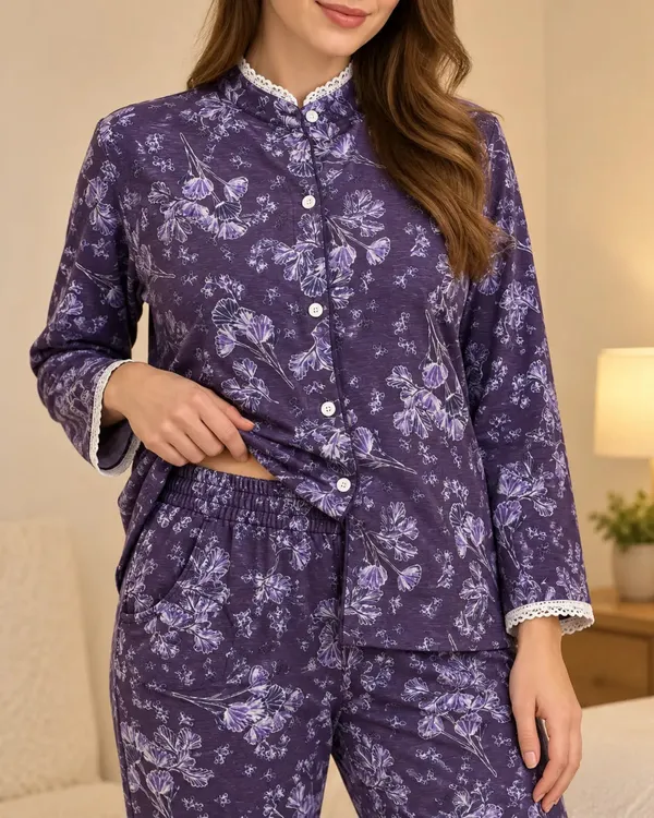 Purple_Floral_Mandarin_Collar_Pyjama_Set_With_Lace_Trim