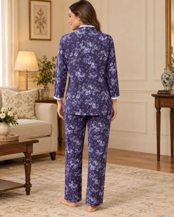 Purple_Floral_Mandarin_Collar_Pyjama_Set_With_Lace_Trim