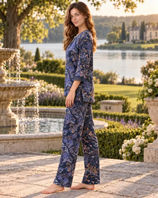 Blue_Abstract_Floral_Pyjama_Set_With_Keyhole_Neckline