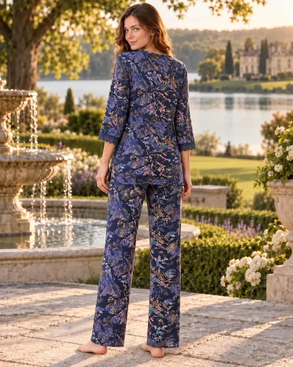 Blue_Abstract_Floral_Pyjama_Set_With_Keyhole_Neckline