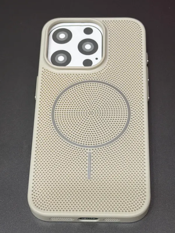 Beige_Perforated_Magnetic_Ring_Phone_Case_For_Iphone_16_Pro