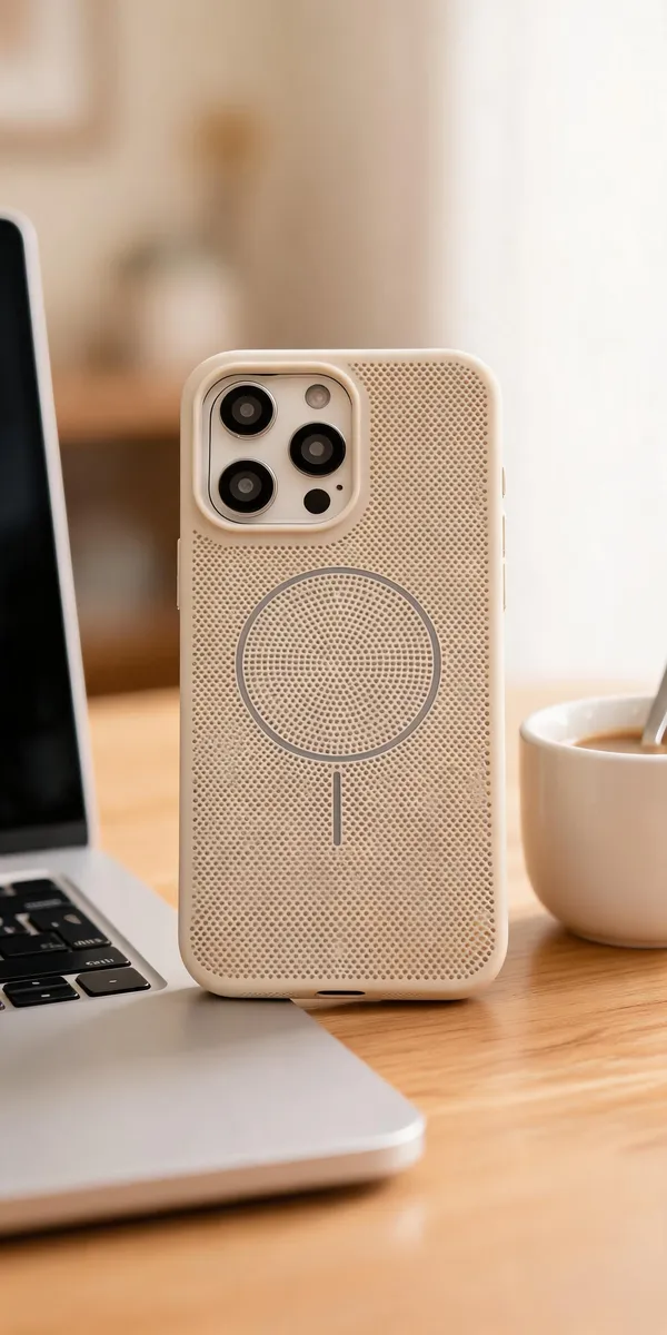 Beige_Perforated_Magnetic_Ring_Phone_Case_For_Iphone_15_Pro_Max