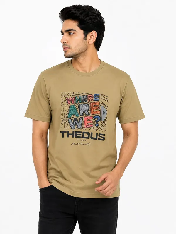 Khaki_Cotton_Casual_Fit_Graphic_T-Shirt_For_Men