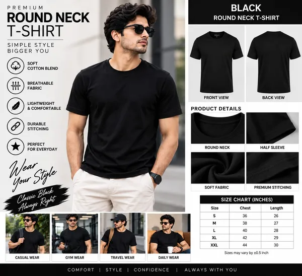 Black_Cotton_Blend_Regular_Fit_T-Shirt_For_Men