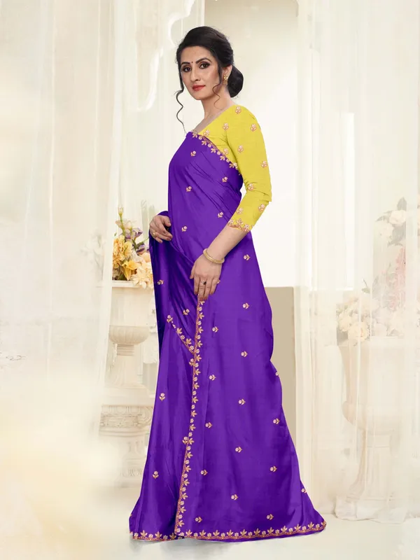 Purple_Embroidered_Saree_With_Yellow_Blouse_For_Women