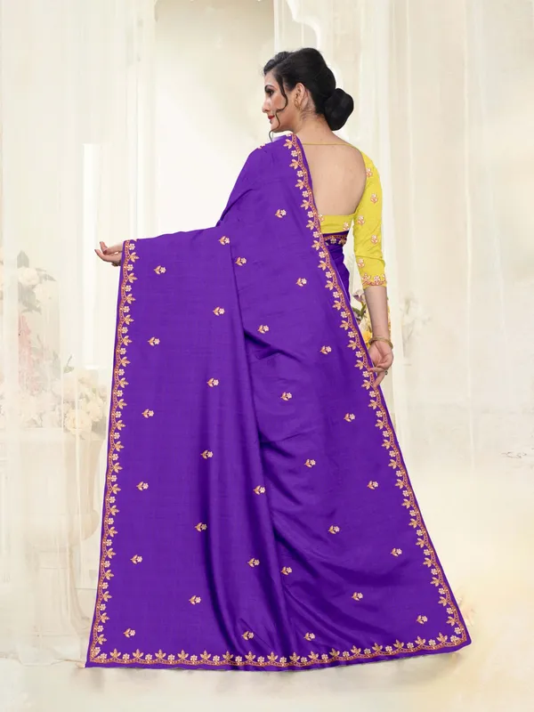 Purple_Embroidered_Saree_With_Yellow_Blouse_For_Women
