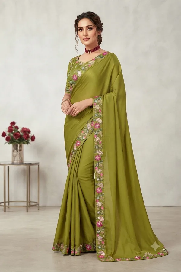Olive_Green_Embroidered_Saree_For_Women
