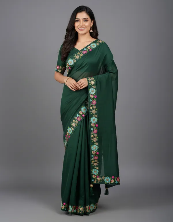 Dark_Green_Embroidered_Saree_for_Women