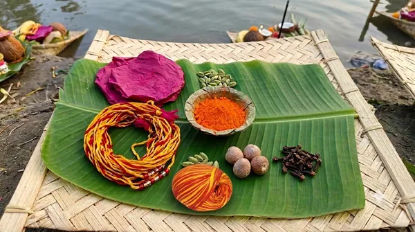 Chhath_Puja_Samagri_Arak_Artak_ArakPatta_Arti_Arta__Patta_Aalta_Paper_Arghautta_10_Pic_with_Badhdhi_Mala_10_Pic,_Kaseli_10_Pic,_Lawng_10_Pic,_Elaichi_10_Pic_Kachha_Suta_10,_and_Bhakhara_Sindur_