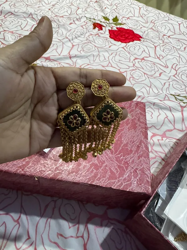 Gold_Red_Stone_Stainless_Steel_Ethnic_Drop_Earrings_For_Women