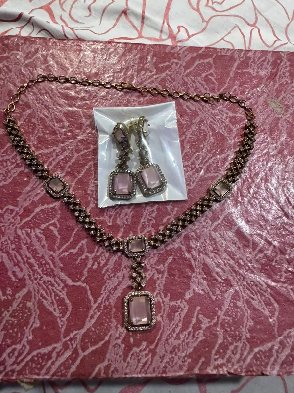 Pink_Stainless_Steel_Stone_Embellished_Necklace_Earrings_Set_For_Women