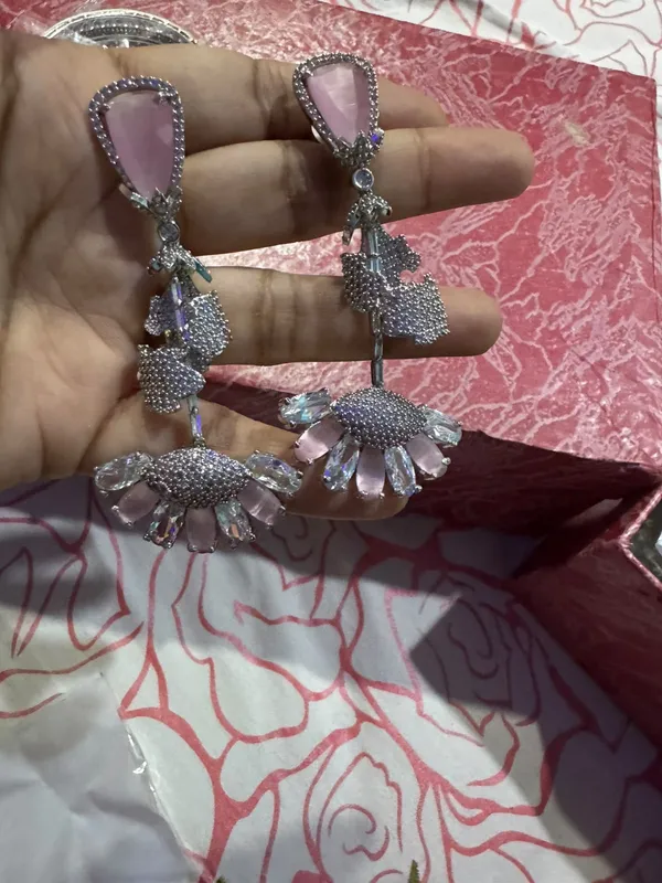 Silver_Pink_Stone_Stainless_Steel_Floral_Drop_Earrings_For_Women