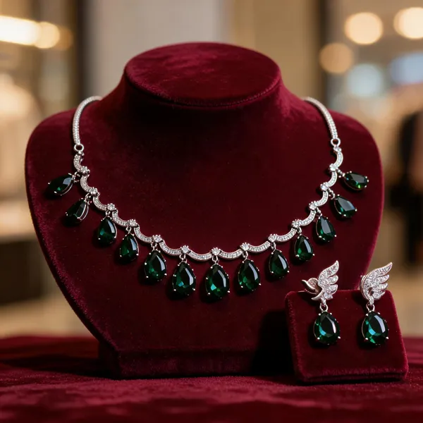 Green_Stone_Silver-Tone_Stainless_Steel_Necklace_Set_For_Women